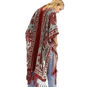 Free People Velvet Burnout Kimono Duster Floral Tassel Fringe Festival Boho